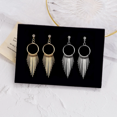 Long Tassel Drop Earrings Alloy Geometric Round Ring Rhinestone Stud Vintage Exaggerated Statement Jewelry For Women