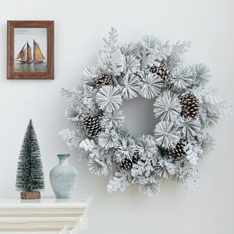 Christmas Wreath Flocked Snow Pine Needles Pinecones Red Berries Door Wall Window Hanging Decor Winter Holiday