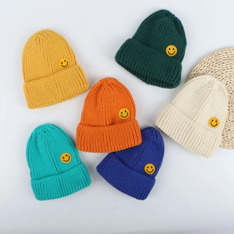 Strickmütze Acryl Smiley Stickerei Patch Dick Warm Winter Gerippt Umschlagmütze Für Damen Herren