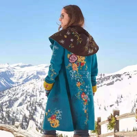 Bohemian Bestickter Langer Mantel Für Damen Vintage Ethno Stil Polyester Wollige Textur Winter Warme Jacke