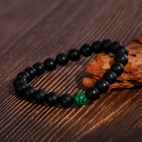 Matte Black Agate Malachite Green Beaded Bracelet Round Natural Stone Elastic Cord Vintage Unisex Wristband