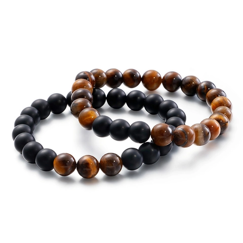 Natural Tiger Eye Stone Beaded Bracelet Matte Black Onyx Round Beads Stretchy Elastic Cord Retro Minimalist Men Jewelry