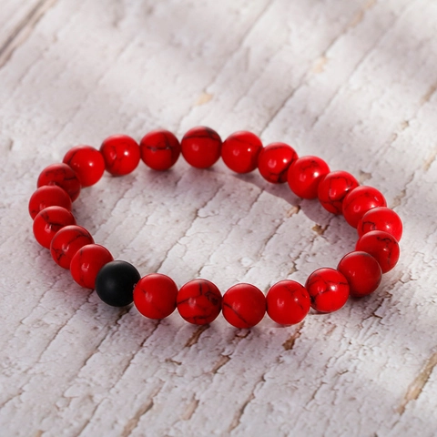 Bracelet En Perles D'Onyx Noir Mat Avec Perles Rondes En Pierre De Turquoise Rouge Cordon Élastique Hommes Femmes Couples Bijoux
