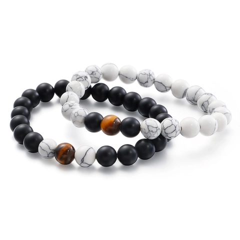 Pulsera De Cuentas Agata Negra Mate Turquesa Blanca Ojo De Tigre Elastica Cuentas Redondas Retro Unisex Joyeria