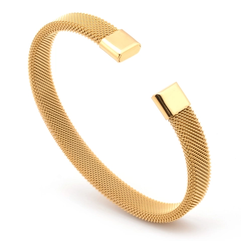 Men Stainless Steel Cuff Bracelet Mesh Woven C Shape Flexible Open Bangle Minimalist Jewelry