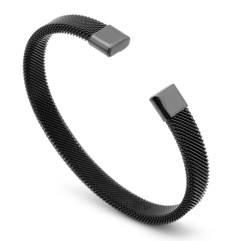 Men Stainless Steel Cuff Bracelet Mesh Woven C Shape Flexible Open Bangle Minimalist Jewelry