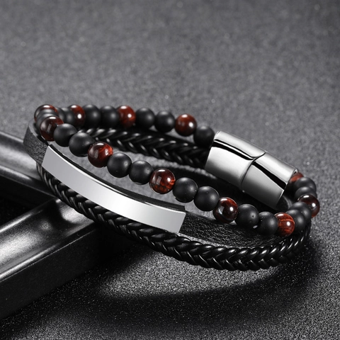 Pulsera Multicapa Para Hombre Cuero Trenzado Genuino Ojo De Tigre Cuentas De Lava Hebilla Magnética Joyas Retro