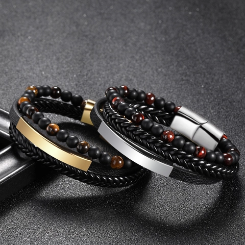 Pulsera Multicapa Para Hombre Cuero Trenzado Genuino Ojo De Tigre Cuentas De Lava Hebilla Magnética Joyas Retro