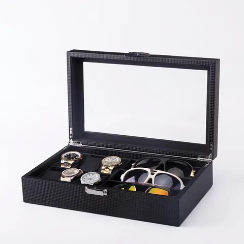 Watch And Sunglasses Organizer Box Carbon Fiber PU Leather Wood Grain Pattern Glass Top Display Case