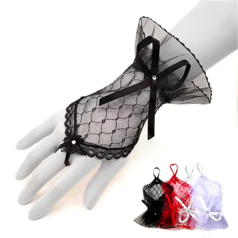Guanti Senza Dita In Pizzo Rete Fiocco Strass Anello Matrimonio Festa Halloween Lolita Stile Gotico Per Donna