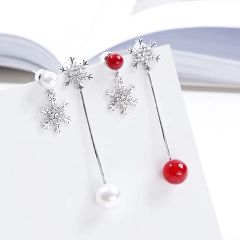 Boucles D'oreilles Pendantes Flocon De Neige Strass Long Gland Künstliche Perle Bijoux Femmes Avec Tige En Argent 925