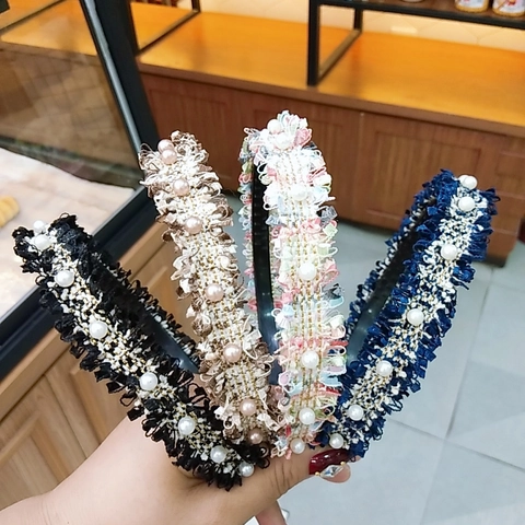 Elegant Women Tweed Headband Wide Brim Faux Artificial Pearl Studded Korean Style Hair Accessories Sweet Vintage Girls Headpiece