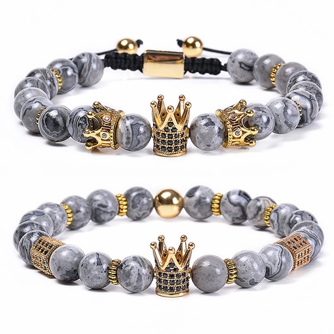 Bracciale In Perline Di Pietra Naturale Con Corona In Rame Micro Intarsiato Di Zirconi Gioielli Regolabili