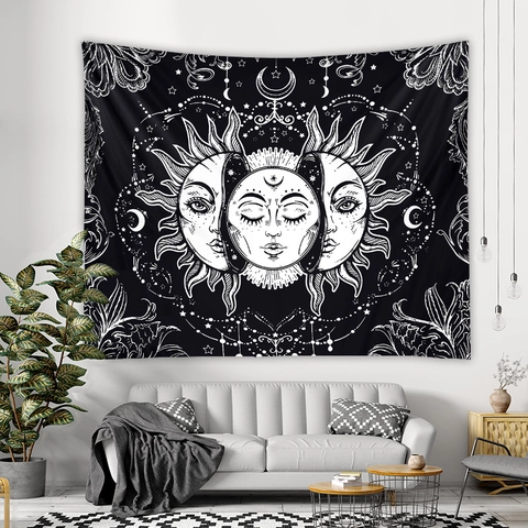 Arazzo Da Parete Nero E Bianco Sole Luna Stella Poliestere Tessuto Boemo Mistero Stile Decorazione Casa Camera Soggiorno