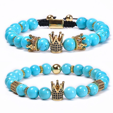 Natural Stone Beaded Bracelet With Copper Crown Micro Pave Zirconia Charm Jewelry For Men Women Fashion Gift