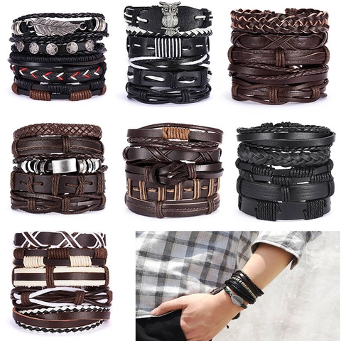Retro Men Multi-layer Woven Leather Bracelet PU Cord Alloy Leaf Owl Pendant Wood Beads Adjustable Ethnic Punk Jewelry Unisex