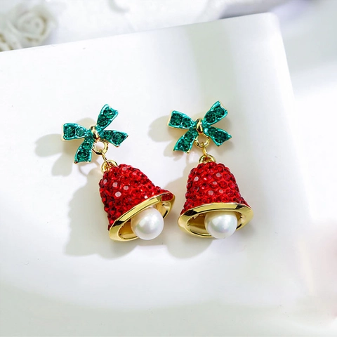 Christmas Bell Drop Earrings With Rhinestone Green Bow Artificial Pearl 925 Sterling Silver Earring Post Alloy Holiday Party Gift