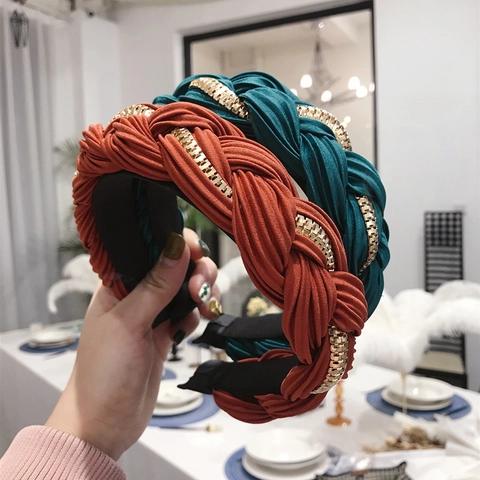 Braided Headband With Alloy Chain Pleated Fabric Retro Chic Hair Band For Women Elegant Hair Styling Fashion Accessories