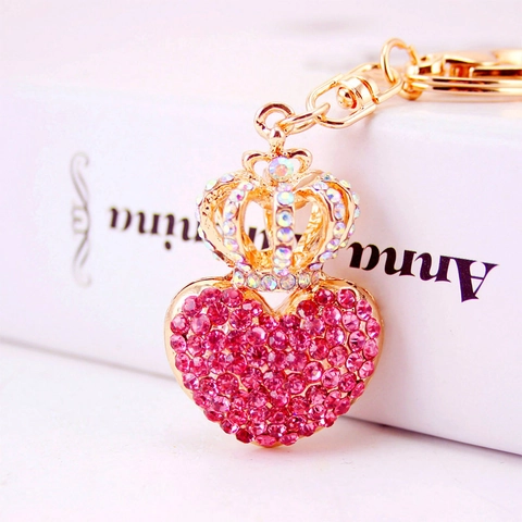 Rhinestone Heart Crown Keychain Zinc Alloy Sparkling Bag Charm Pendant For Women Girls Romantic Gift Accessory