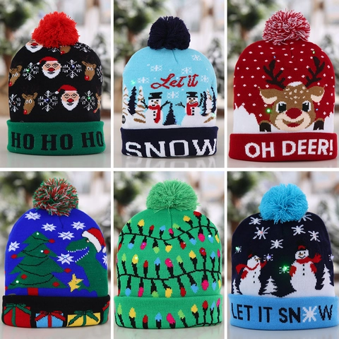 Gorro De Punto De Navidad Con Luces LED Cálido Acrílico Fiesta Vacaciones Dibujos Animados Reno Muñeco De Nieve Adulto