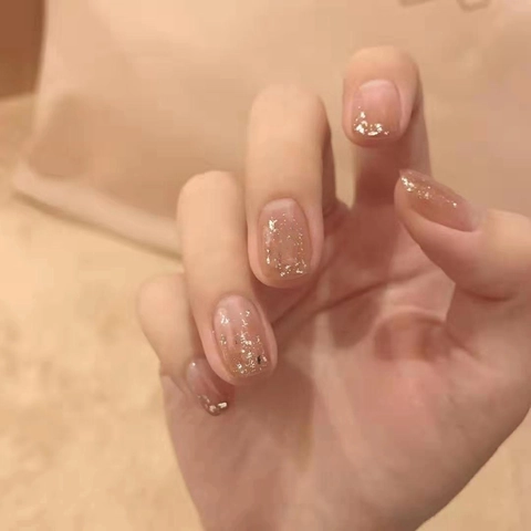 Unghie Finte Press On Sfumate Rosa Nude Gelatina Scaglie Foglia Oro Punte Unghie Artificiali Donna Quotidiano Minimal