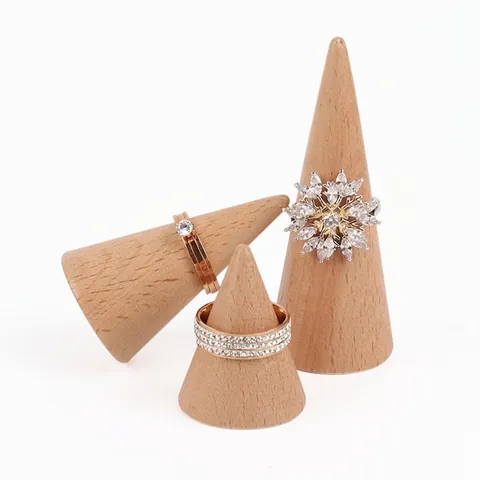 Solid Wood Ring Display Stand Beechwood Conical Jewelry Holder Natural Wood Grain Organizer Smooth Minimalist Showcase