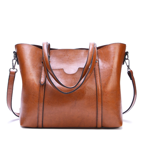 Women Vintage Oil Wax PU Leather Tote Bag Large Capacity Multi Pocket Crossbody Handbag Commuter Retro Style