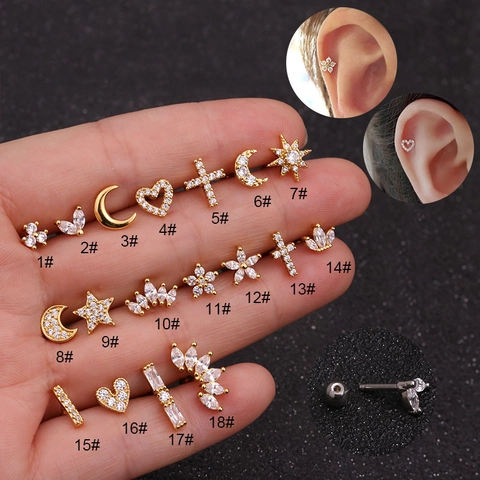 Ear Cartilage Stud Ohrringe Edelstahl Stab Kupfer Zirkonia Piercing Tragus Helix Mond Stern Herz Schmuck