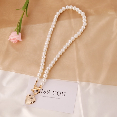 Vintage Imitation Künstliche Perle Herz Anhänger Halskette Und Armband Mit OT Schnalle Legierung Kupfer Glas Schmuck Für Frauen