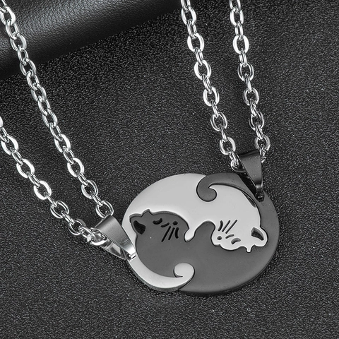 Stainless Steel Matching Cat Heart Puzzle Pendant Necklaces Engraved Love You For Couples Friends Trendy Minimalist Jewelry