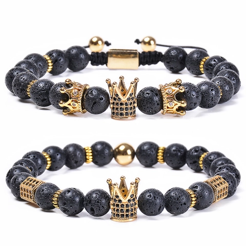 Natural Stone Bead Bracelet Copper Crown Micro Pave Zircon Adjustable Fashion Jewelry For Men Women