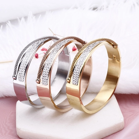 Brazalete De Acero Inoxidable Para Mujer Con Circonita Pavé Y Diseño De Cable Moda Lujo Pulsera De Puño