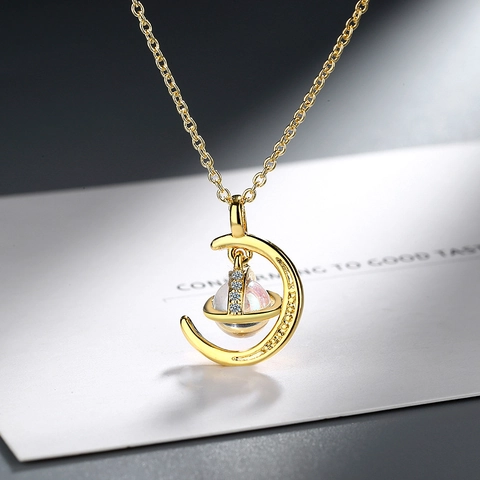 Collier Pendentif Planète Lune en Cuivre Zirconia pour Femmes Élégant Minimaliste Bijoux Chaîne Clavicule Or Argent Collier Lune