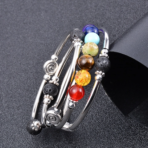 Bracciale Avvolgente In Pietra Naturale Chakra Lava Multistrato Tubo Di Rame Gioielli Boho Unisex