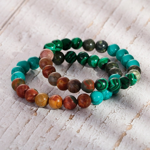 Natural Stone Beaded Bracelet Turquoise Malachite Jasper Round Beads Elastic Stretch Retro Ethnic Jewelry For Men Women