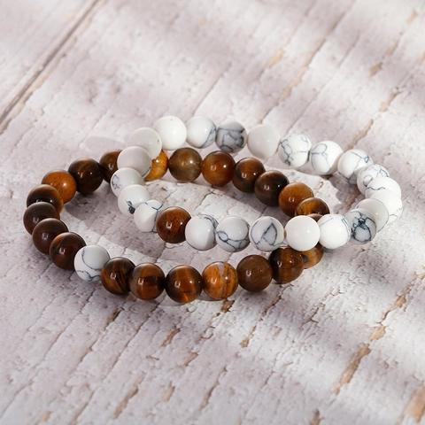 Tiger Eye Stone White Turquoise Beaded Bracelet Round Gemstone Elastic Retro Jewelry Unisex