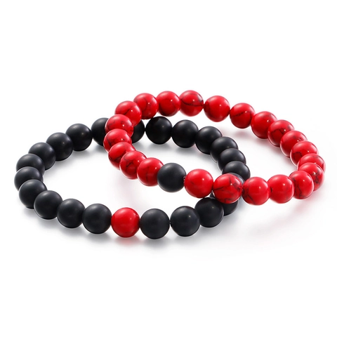 Bracelet En Perles D'Onyx Noir Mat Avec Perles Rondes En Pierre De Turquoise Rouge Cordon Élastique Hommes Femmes Couples Bijoux