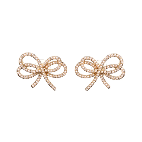 Alloy Bowknot Stud Earrings With Faux Artificial Pearls And Rhinestones Simple Elegant Korean Style Fashion Jewelry For Women