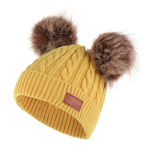 Bonnet en Tricot Acrylique Épais pour Enfants Avec Doubles Pompons en Fausse Fourrure Motif Torsadé Ensemble Écharpe
