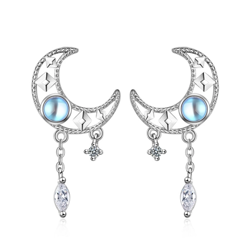 Verkabelte Kupfer Hohlmond Quasten Ohrringe Mit Silber Ohrstecker Synthetischer Mondstein Zirkonia Eleganter Schmuck Frauen
