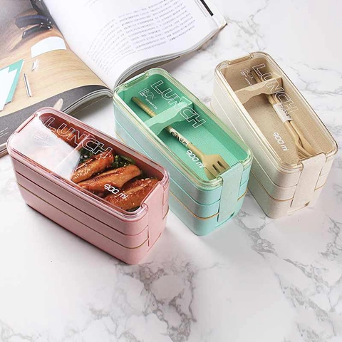 Wheat Straw Fiber Bento Lunch Box Multi Layer Portable Food Storage Container With Cutlery For School Office