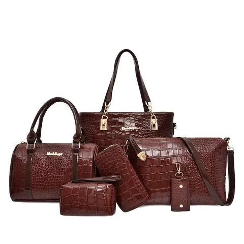 Shiny PU Leather Crocodile Pattern Women Tote Shoulder Crossbody Bag With Wallet Makeup Pouch And Key Holder Elegant