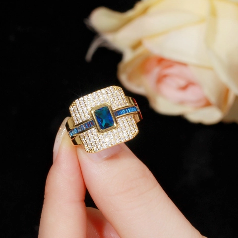 Luxury Hip Hop Copper Zirconia Ring For Men Women Iced Out Gold Plated Rectangular Stone Wide Band Western Fashion Jewelry Ring