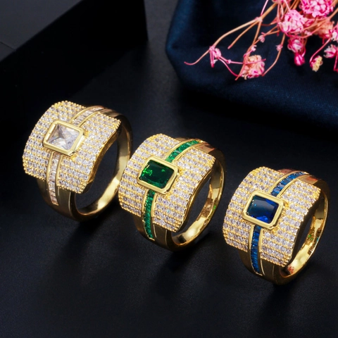 Luxury Hip Hop Copper Zirconia Ring For Men Women Iced Out Gold Plated Rectangular Stone Wide Band Western Fashion Jewelry Ring