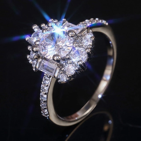 Luxury Cluster Ring Copper Cubic Zirconia Round Main Stone Baguette Side Sparkly Engagement Wedding For Women