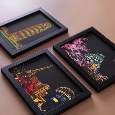 Kratzbild Postkarten Stadt Nachtansicht DIY Handgemachte Malerei Bunte Pappe Mit Bambusstift Kreatives Geschenk Basteln