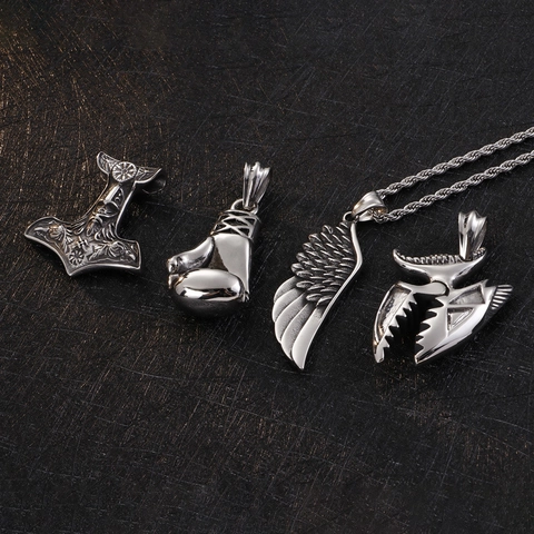 Pendentif En Acier Inoxydable Rétro Viking Marteau De Thor Mjolnir Gant De Boxe Aile Bijoux Punk Pour Hommes