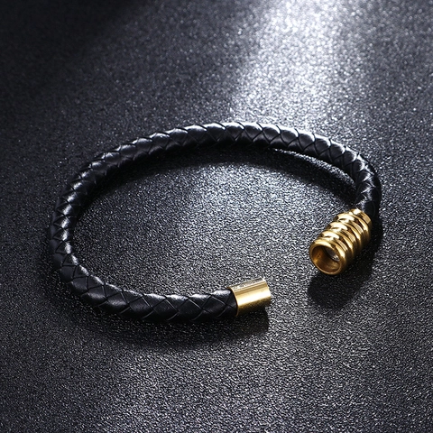 Herren Geflochtenes Lederarmband Mit Goldfarbenem Edelstahl Magnetverschluss Mode Schmuck