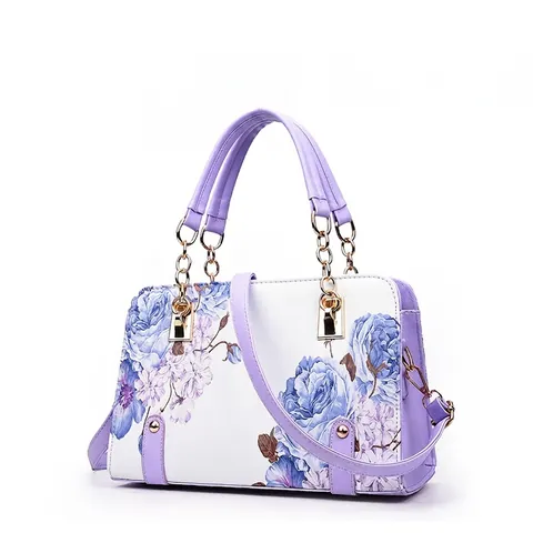 Floral Print Shell Handbag PU Leather Shoulder Crossbody Bag With Gold Chain Vintage Chinese Style For Women
