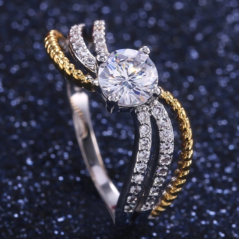 Bague Élégante En Cuivre Avec Zircone Ronde Bicolore Anneau Entrelacé Bijoux Géométriques Vintage Pour Femmes